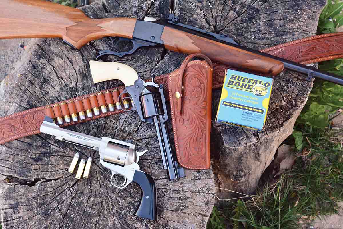 The 475 Linebaugh test guns included (top to bottom): a Freedom Arms Model 757, a Linebaugh Custom Sixguns Ruger New Model Blackhawk Bisley and a Ruger No. 1.